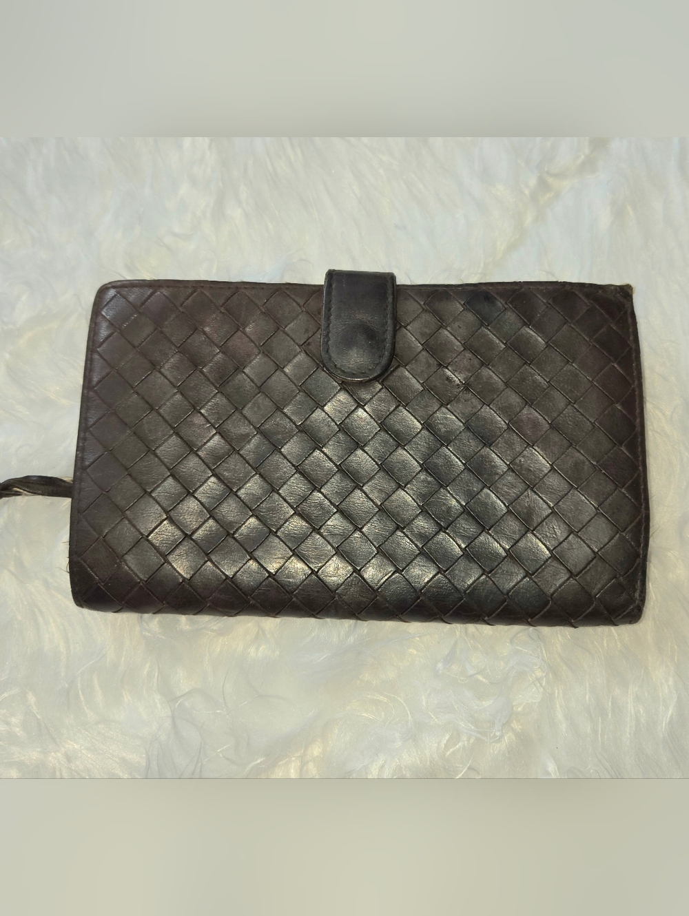 Bottega Veneta Dark Brown Intrecciato Woven Leather Zip Wallet Bifold Authentic